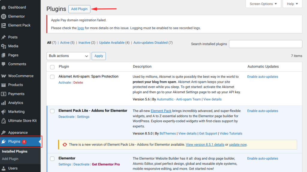 WordPress plugins management interface screenshot