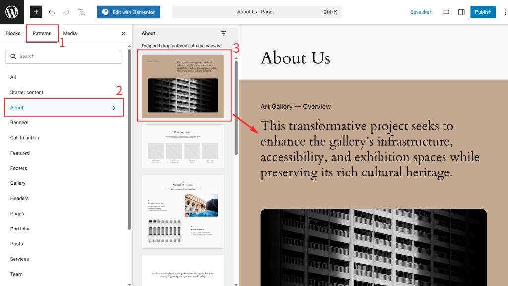 Website design interface with content sections