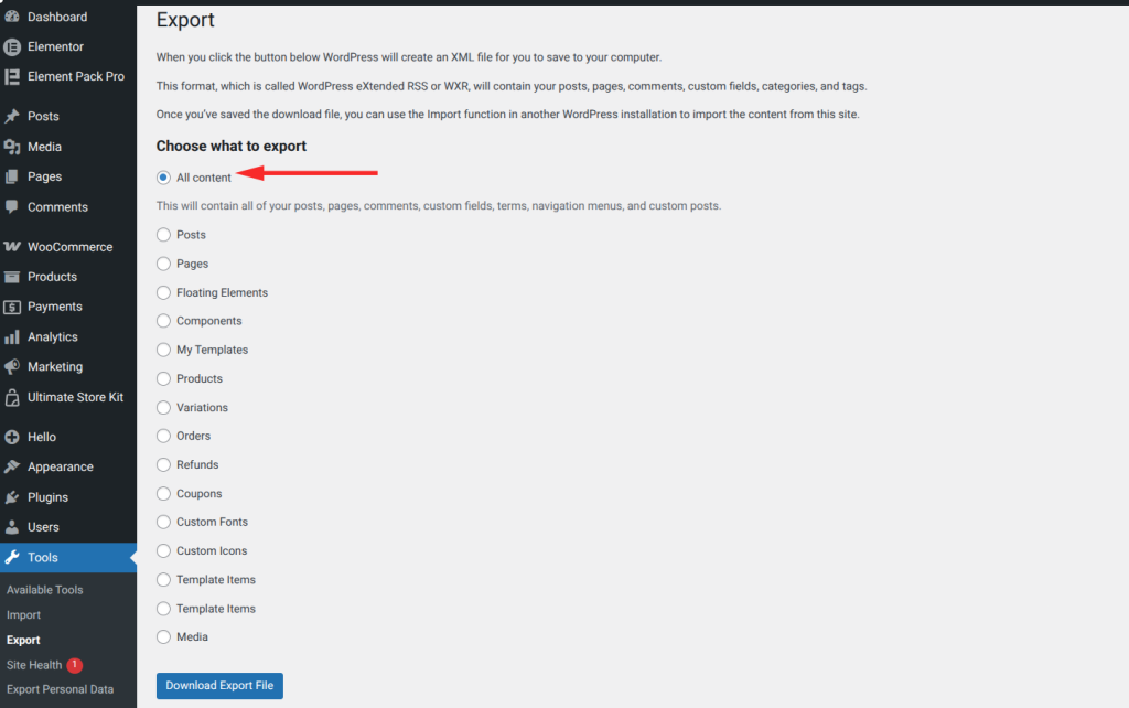 Select what to export