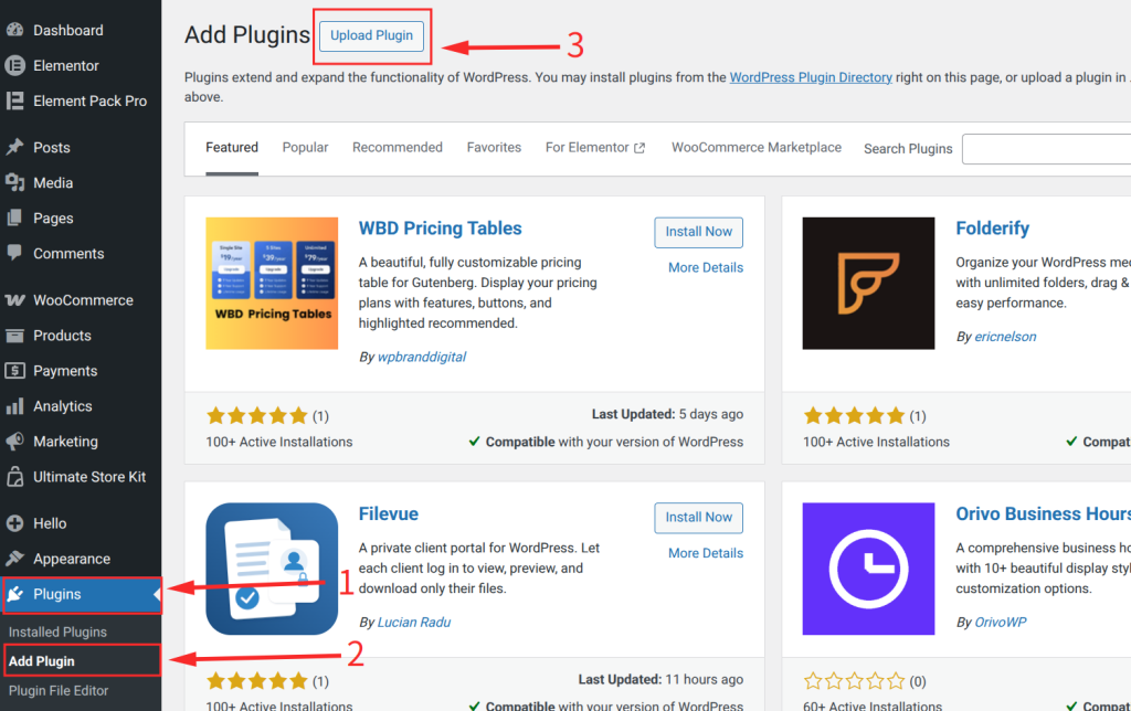 Plugins > Add New > Upload Plugin