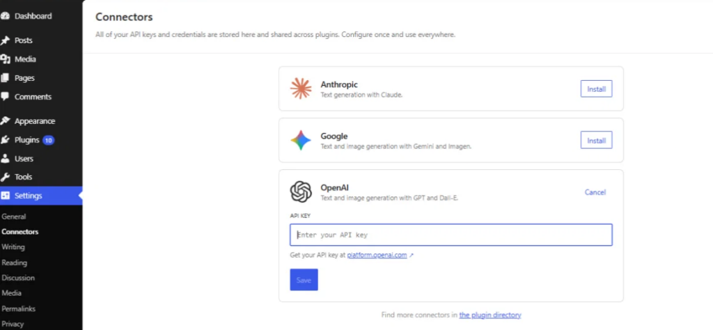 Settings page for API key configuration