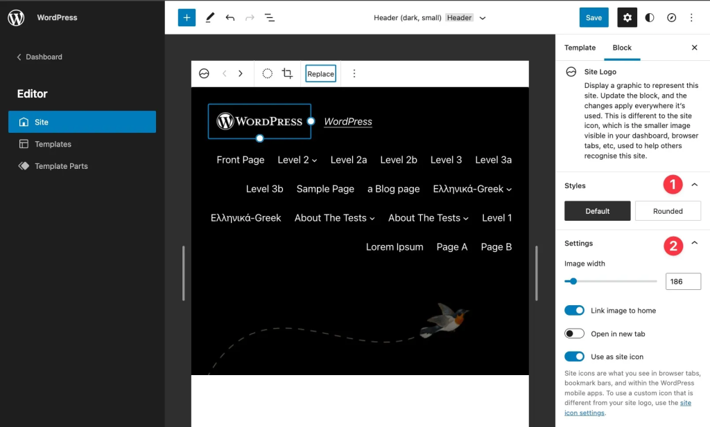 WordPress editor with navigation menu