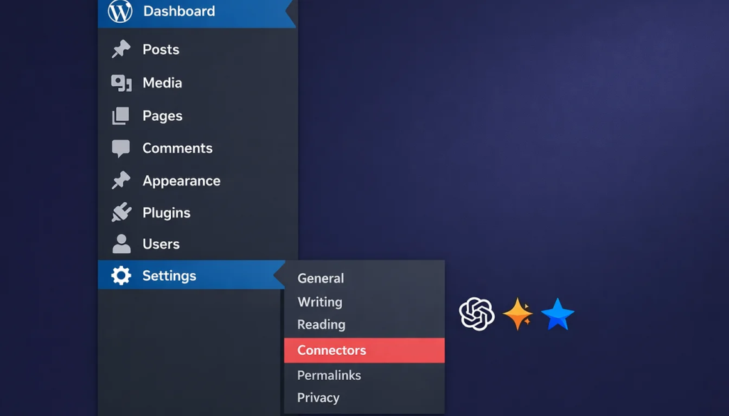 WordPress dashboard with settings menu