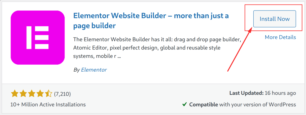 Click Install Now on the Elementor Website Builder result