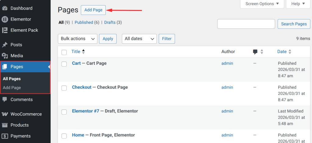 Go to Pages → Add New in your WordPress dashboard