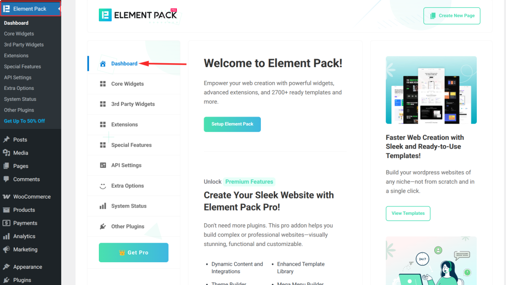 Element Pack dashboard interface overview
