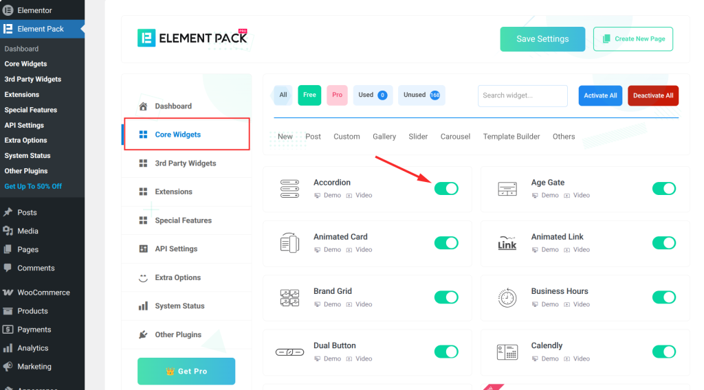 Elementor dashboard with widget options