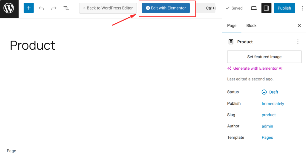 WordPress editor with Elementor option