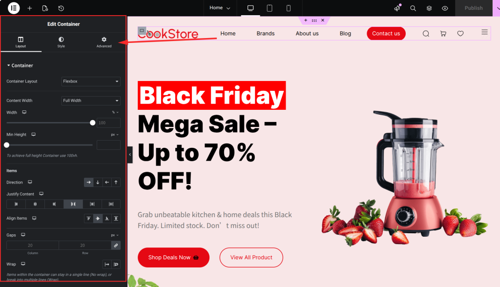 Website layout editing interface screenshot