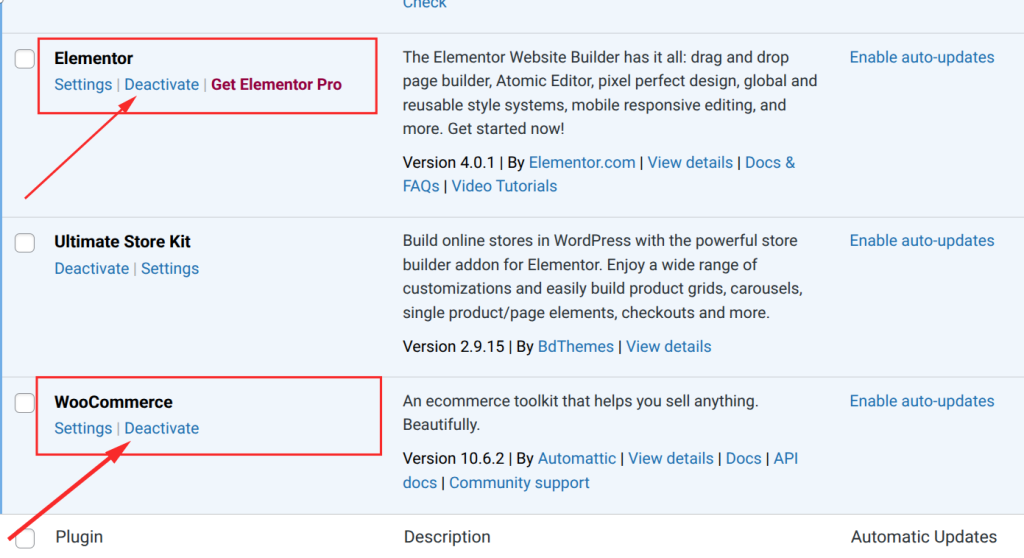 WordPress plugins management interface screenshot