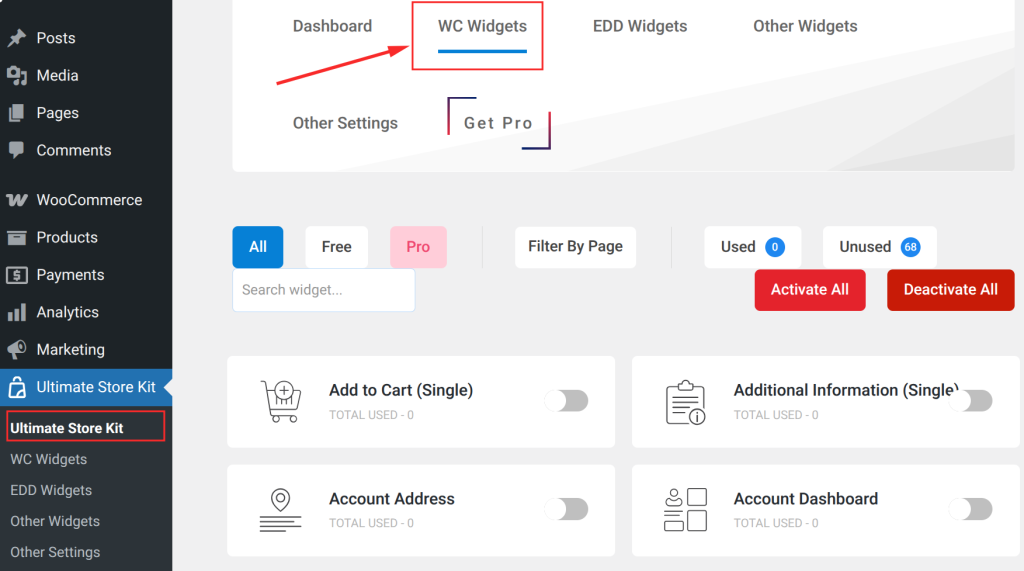 Dashboard with widget options displayed