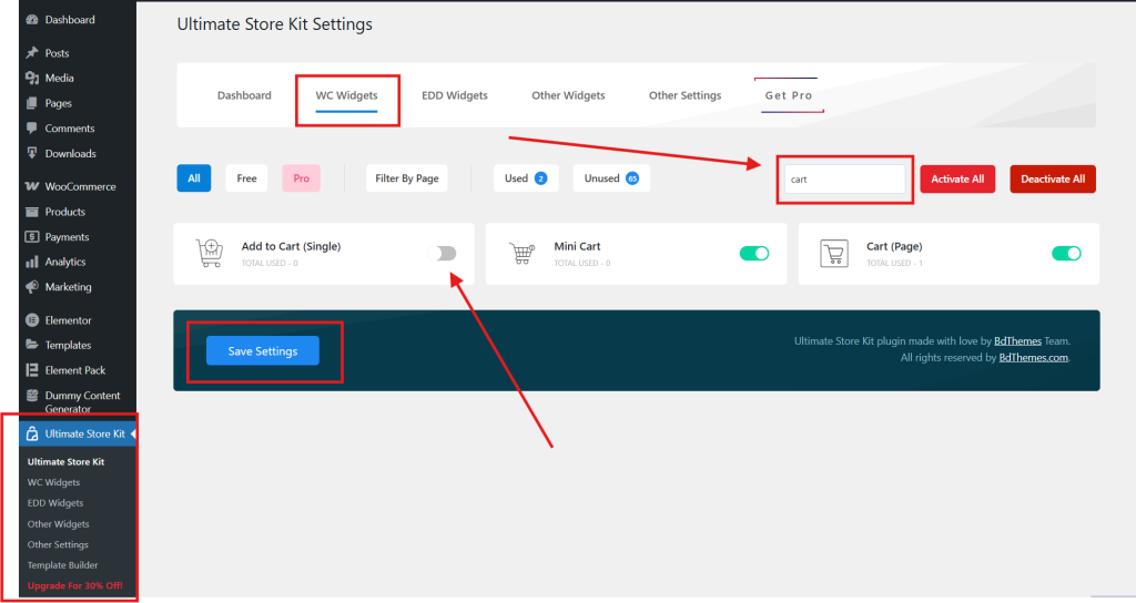 E-commerce settings interface with options