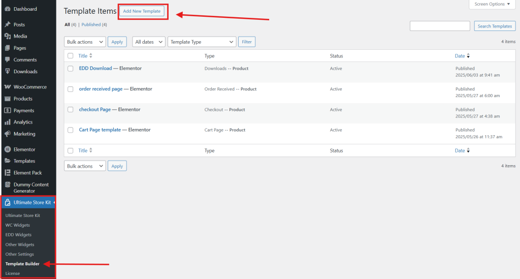 WordPress template management interface screenshot