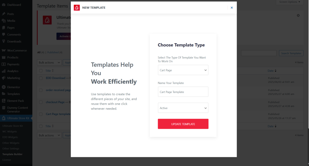 Template selection interface for efficiency