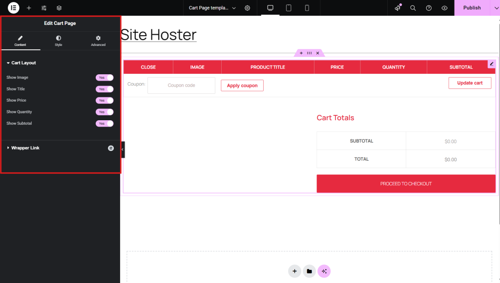 E-commerce cart page editing interface