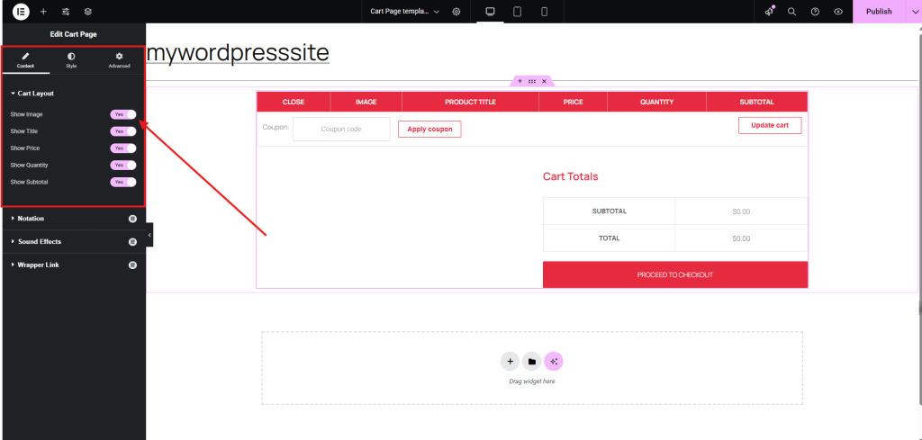Editing cart page layout settings