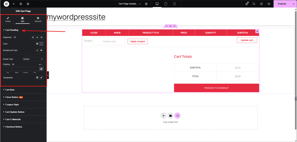 Editing cart page layout settings