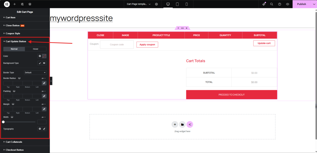 Editing cart page settings interface