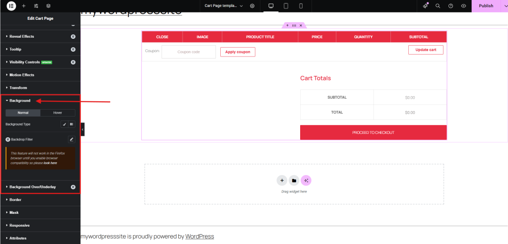 WordPress cart page editing interface