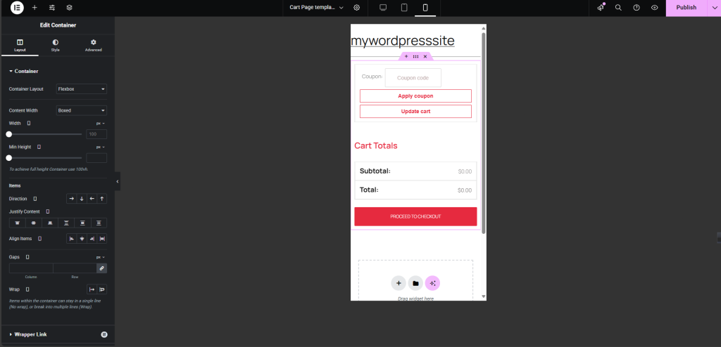 Shopping cart interface on mobile