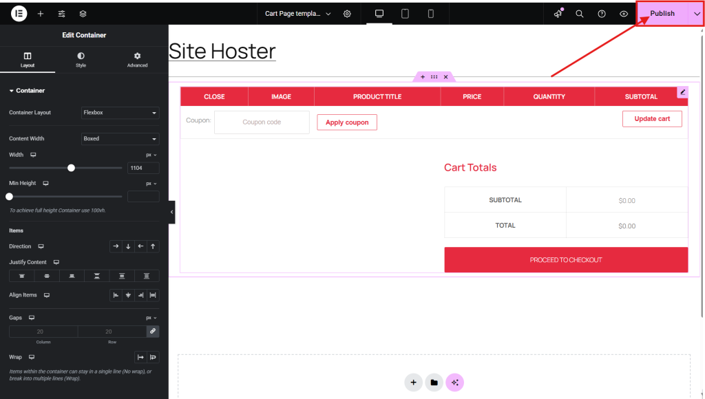 Website cart interface with publishing options