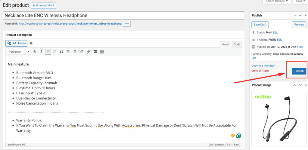 Product page for wireless headphones
