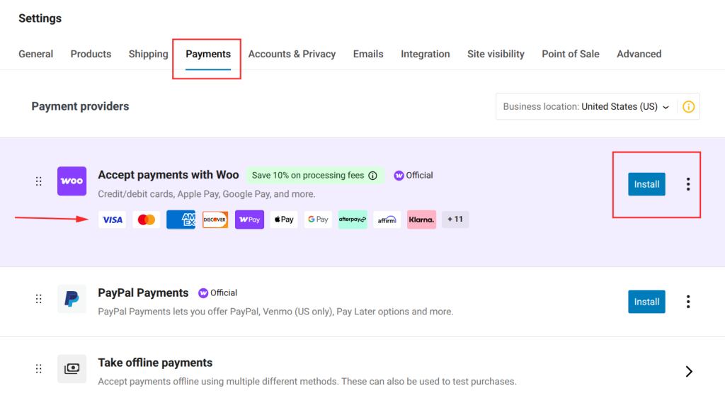 Payment settings with various options