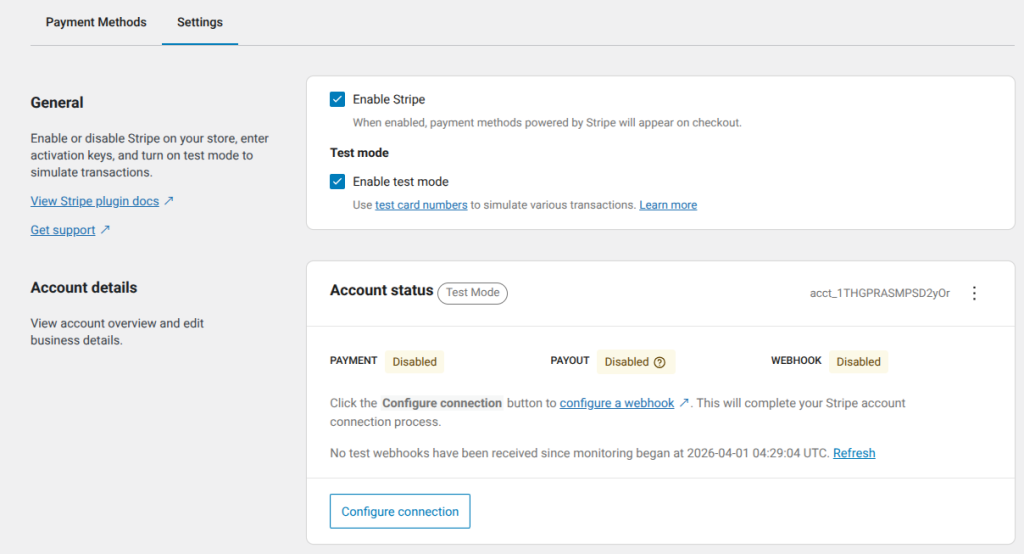 Payment settings and account status overview