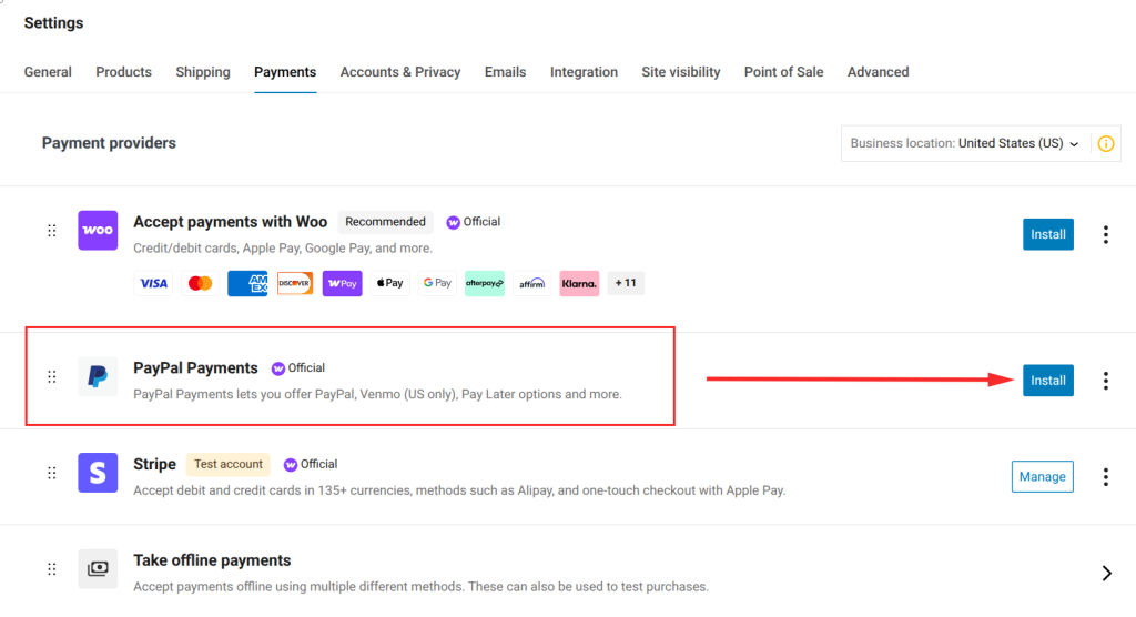 Payment settings with PayPal option