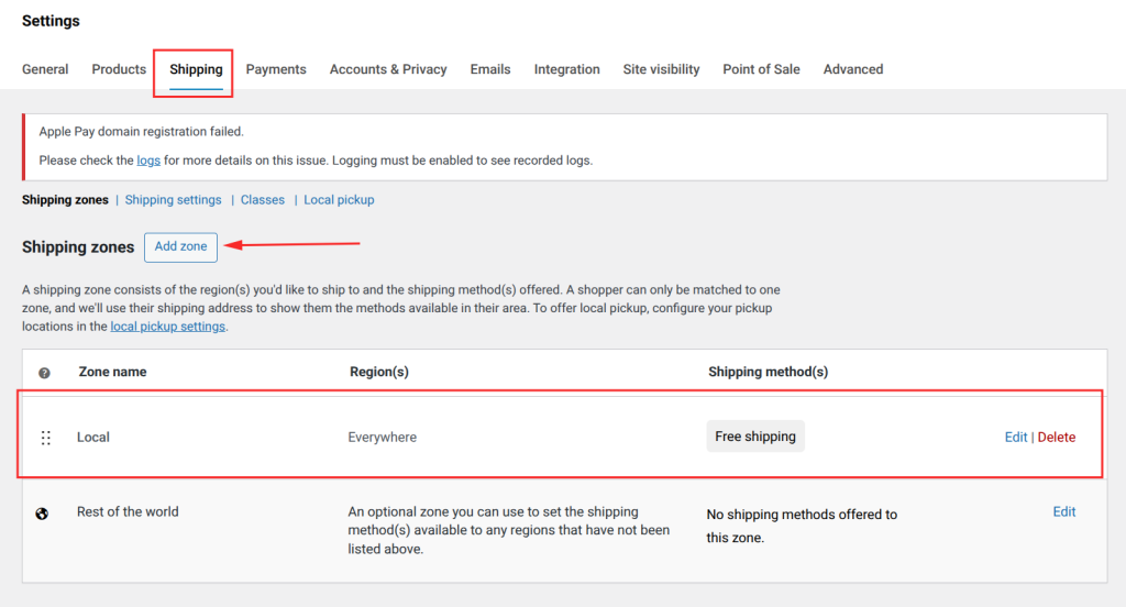 Shipping settings with zone details
