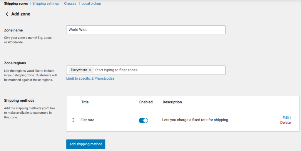 Shipping zone configuration interface screenshot