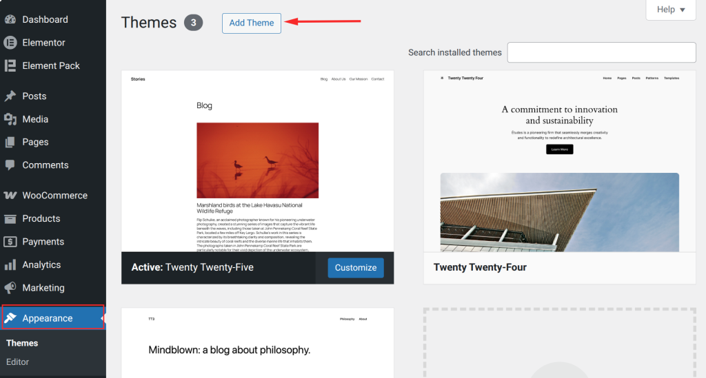 Website theme selection interface screenshot
