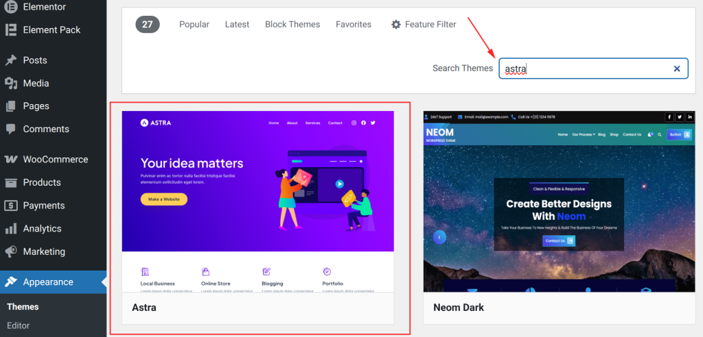 Theme selection interface for WordPress