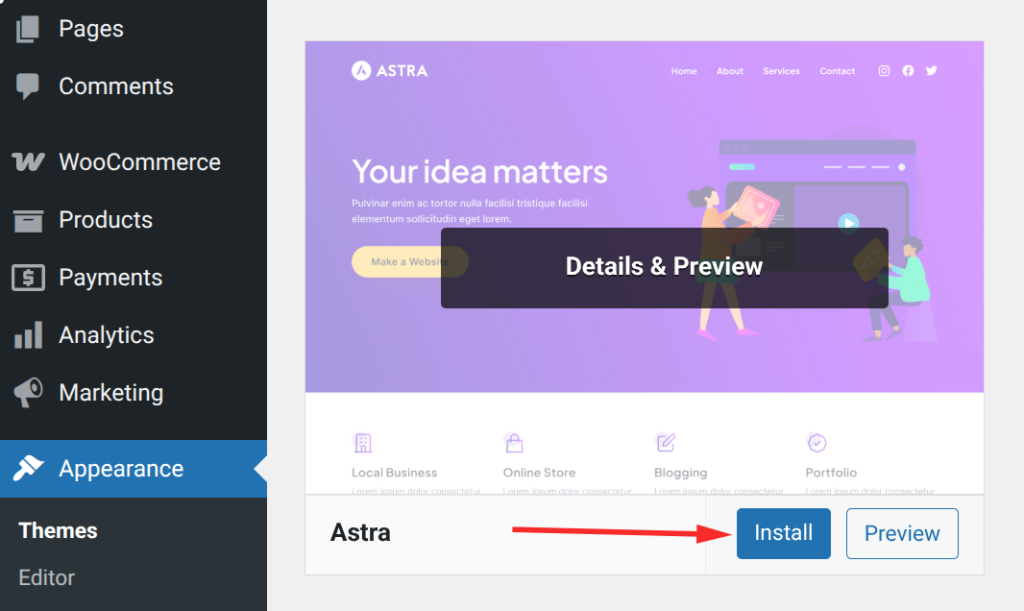Website theme installation interface screenshot