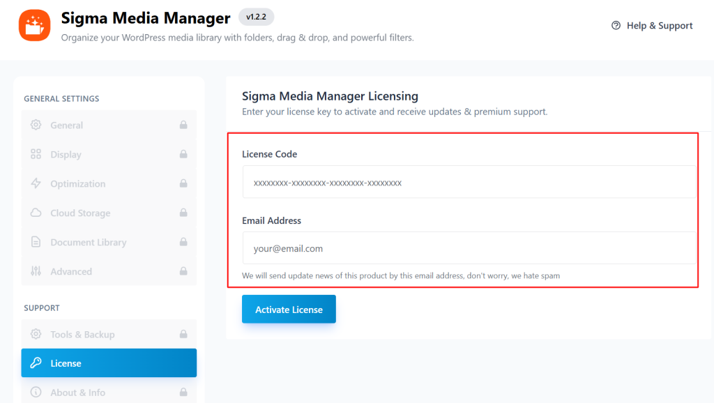 license code and email address of sigma media manager