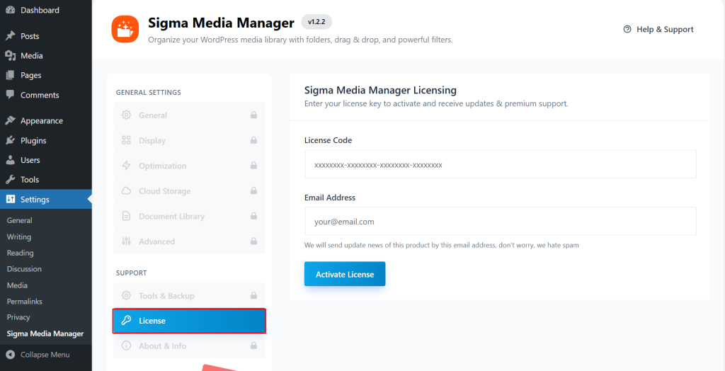 license tab of sigma media manager