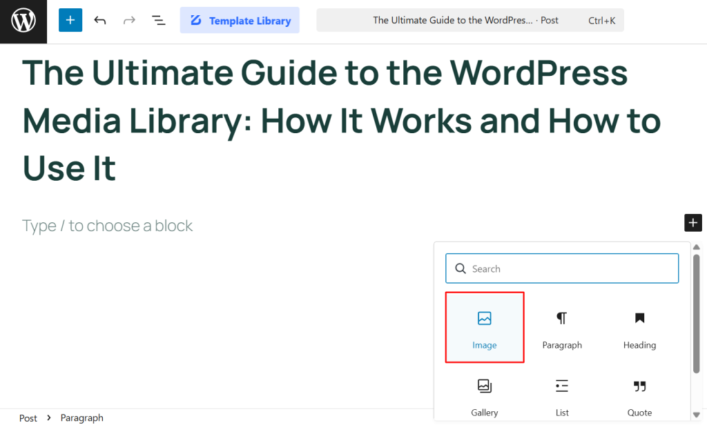selecting media, gallery from block editor to add on your website