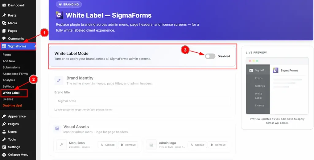 How to use White Label Branding in Sigma Forms Plugin