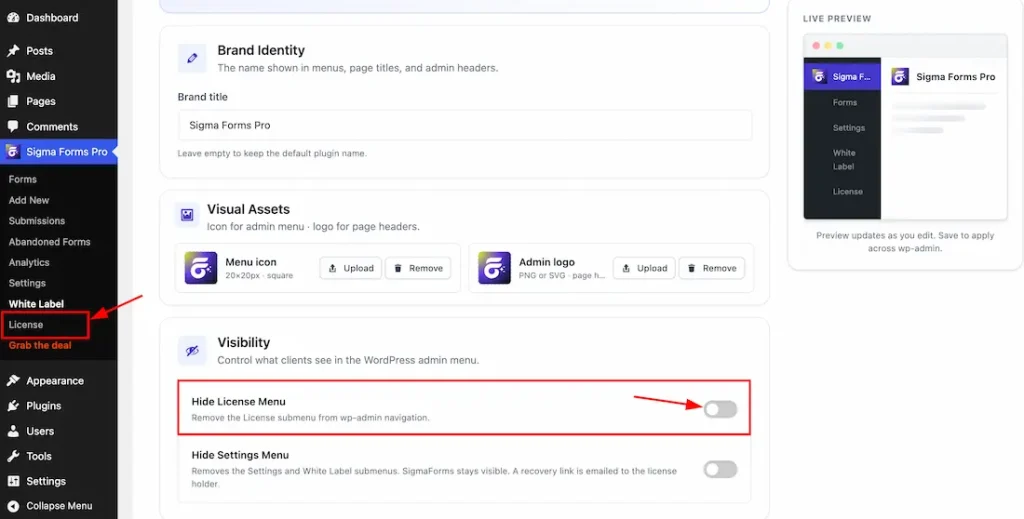 Before Enabling the Hide License Menu Tab