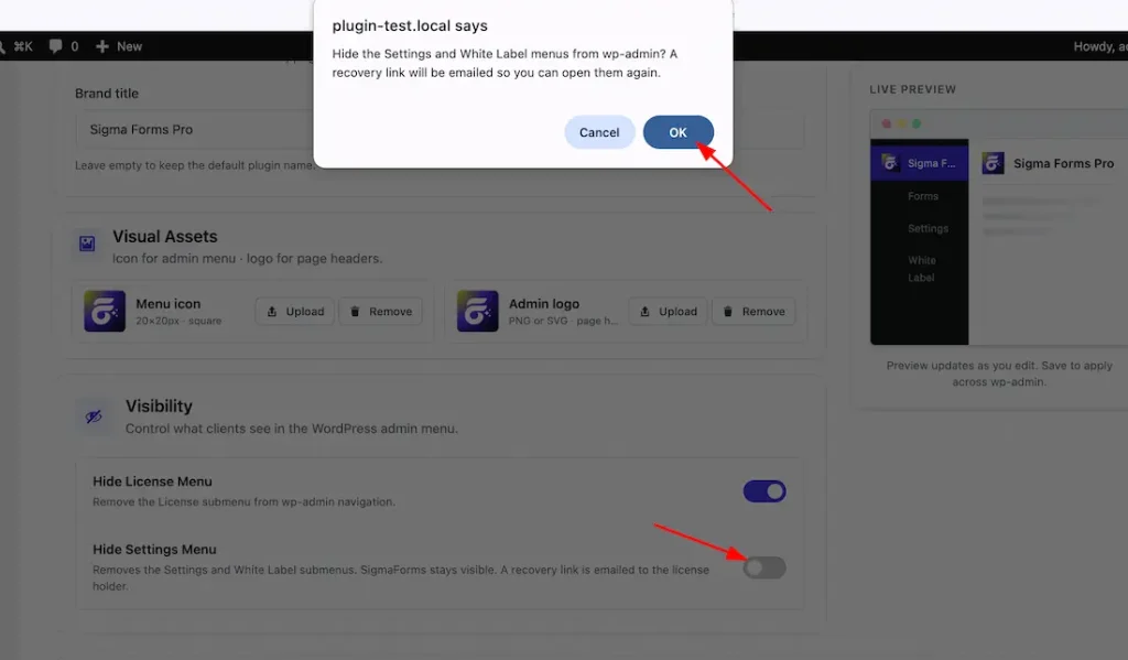 Hide Sigma Forms Settings Menu from the WP Dashboard