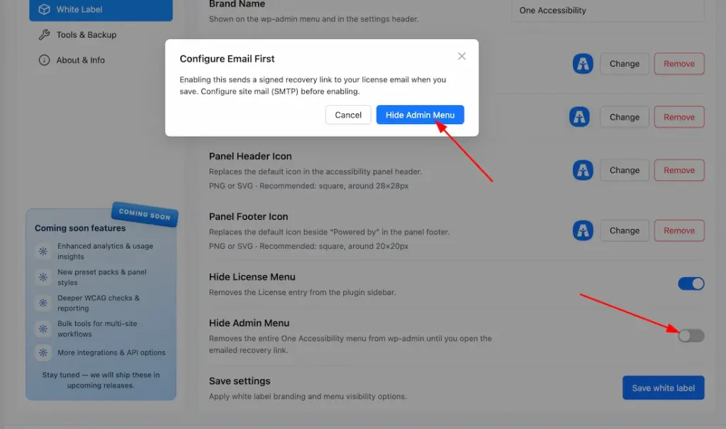 Hide One Accessibility from the WP Dashboard
