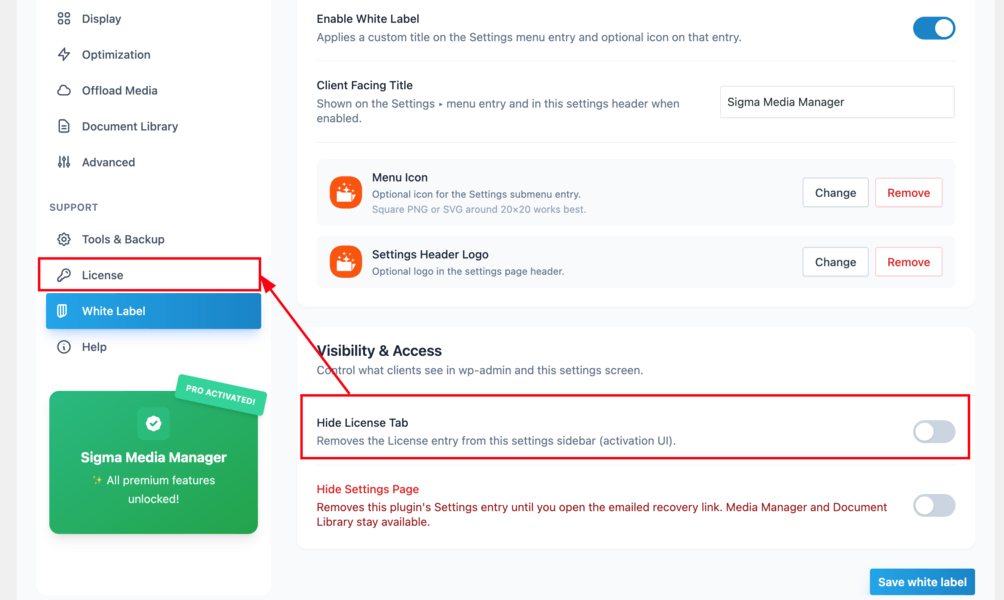 Before Enabling the Hide License Tab