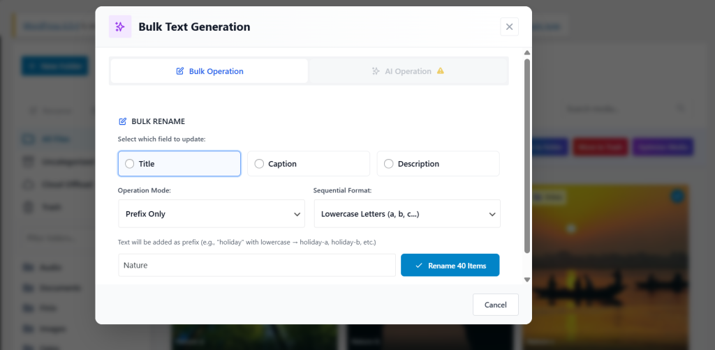 Connect a Gemini API key to generate alt text, titles and captions for multiple images in bulk