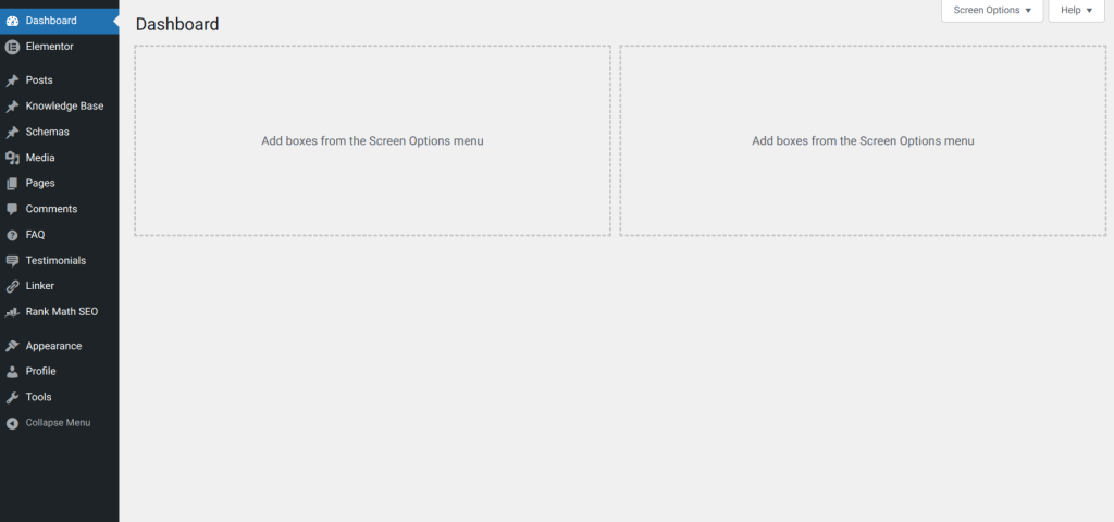 Empty dashboard with menu options visible
