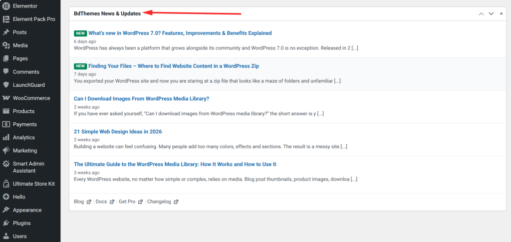 WordPress dashboard news and updates