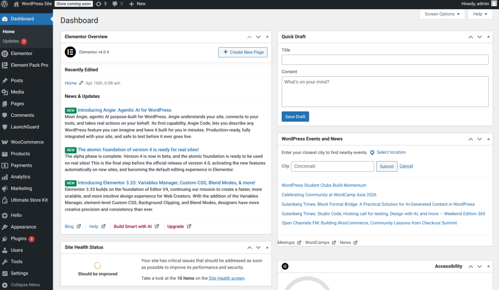 WordPress dashboard with Elementor plugin