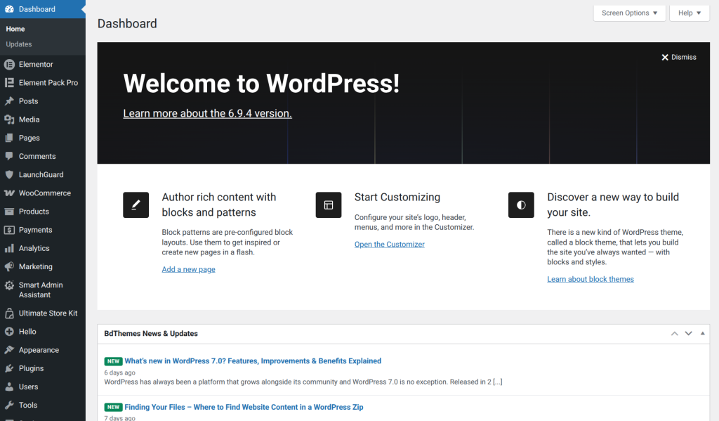WordPress dashboard with welcome message