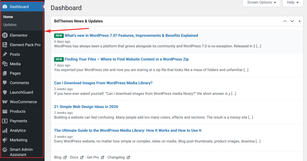 WordPress dashboard with updates and links