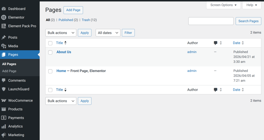 Website page management interface screenshot