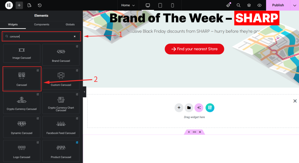 Website design interface with carousel options